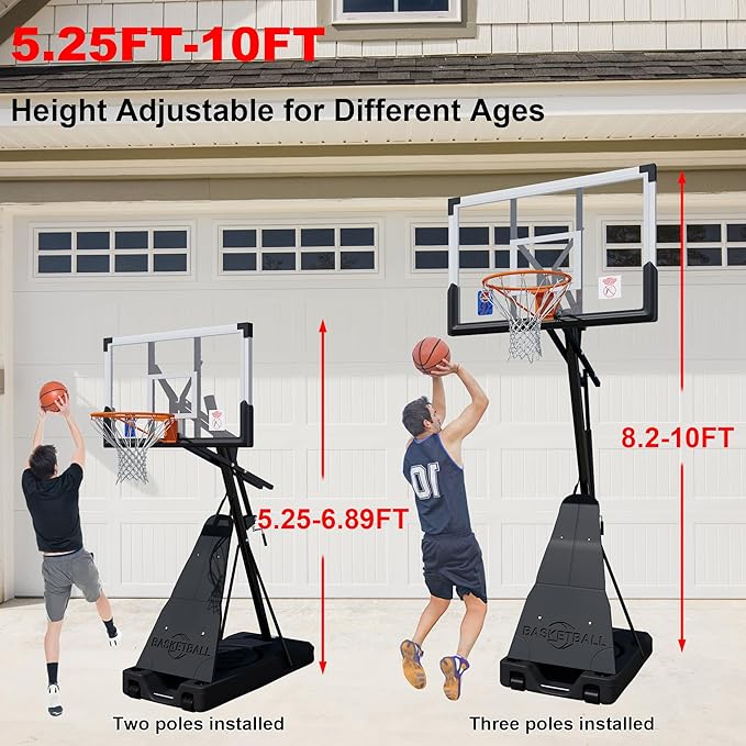 Basketball Hoop Outdoor with 44/54 Inch Shatterproof Backboard, 5.25-10FT Height Portable Basketball Hoop with Sandbag, Adjustable Basketball Goal System