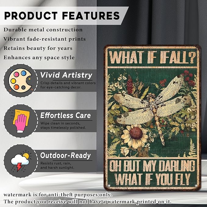 Dragonfly Vintage Tin Sign What If I Fall Metal Tin Sign for Home Bedroom 12 * 8inch
