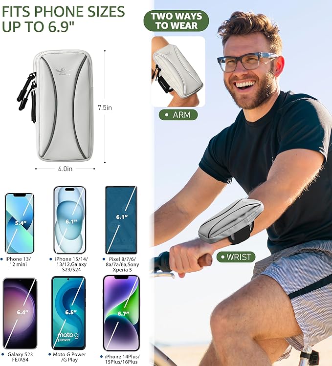 HiRui Arm Bag & Wrist Bag Phone Holder, Sports Running Armband for Gym, Cycling & Workout, Compatible with iPhone 16/15/14 Series, Samsung Galaxy & More, Reflective, Adjustable, Secure Fit (Gray)