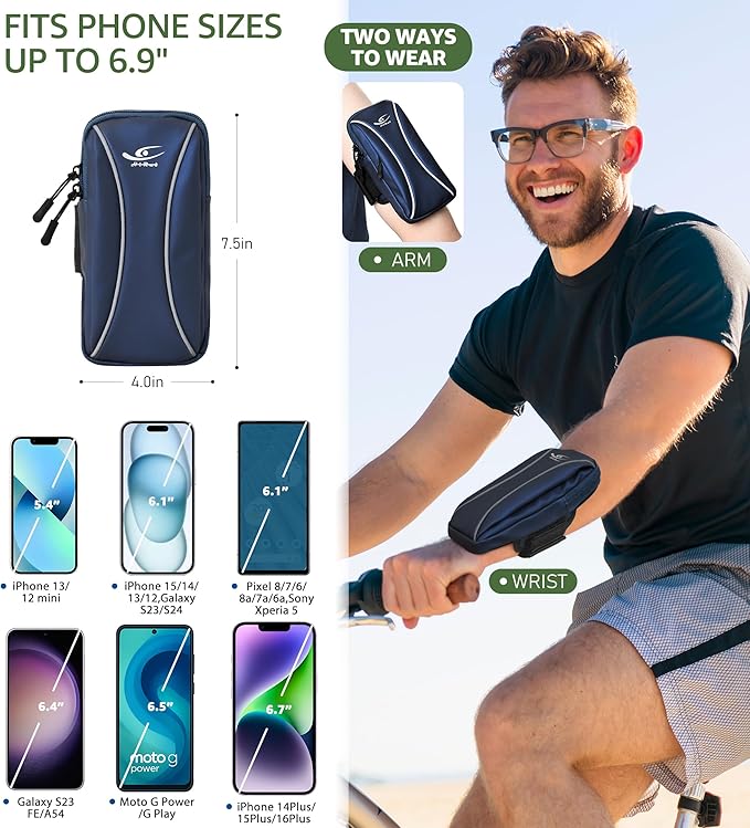 HiRui Arm Bag & Wrist Bag Phone Holder, Sports Running Armband for Gym, Cycling & Workout, Compatible with iPhone 16/15/14 Series, Samsung Galaxy & More, Reflective, Adjustable, Secure Fit (Blue)