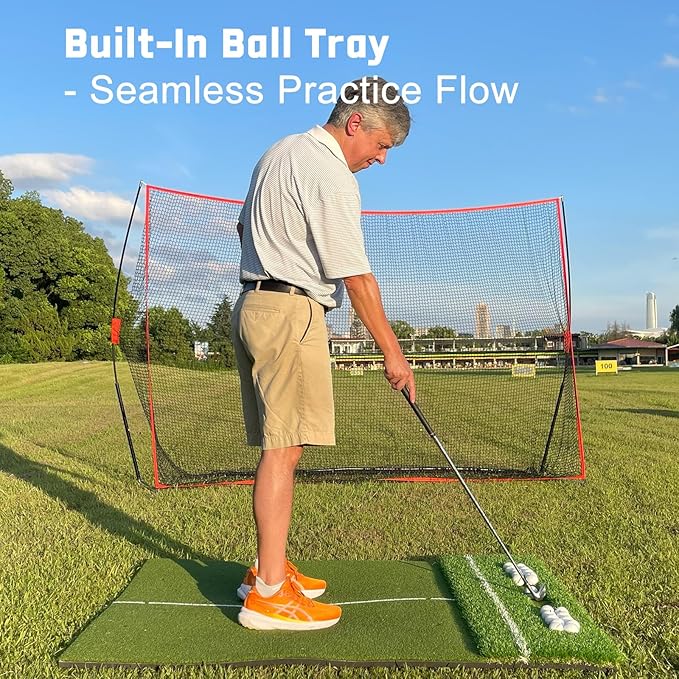 Dual-Turf 45/50MM Golf Hitting Mat, Built-in Ball Tray, Alignment Aid, Golf Mat Practice Outdoor & Indoor, Driving Chipping Putting in Backyard Garage Basement, Gift for Men Dad Golfer