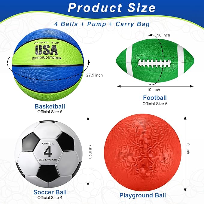 Deekin 4 Pcs Sport Balls Set for Kids Teens, Include Official Size 5 Basketball 4 Soccer 6 Football Playground Ball and Pump Sports Equipment Bag Recess Equipment Sport for Students(Navy Blue, Green)