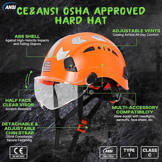 AOLAMEGS Construction Safety Hard Hat - ANSI Z89.1 Type Ι OSHA Approved Safety Helmets with Chin Straps Lightweight Reflective Vented ABS Hard Hats For Men Women Industrial Workwear 6-point Suspension