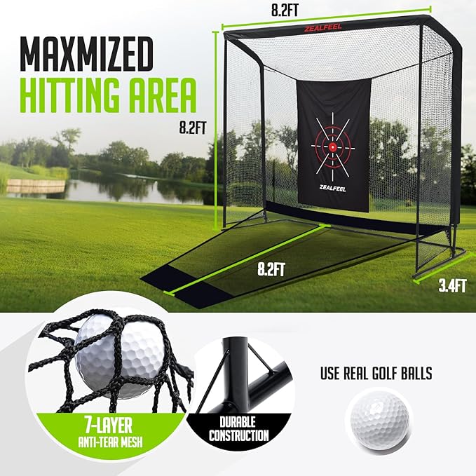Golf Net, 10x7ft/8x8ft Golf Enclosure Net with Side Barriers/Auto-Ball Return, Low-Noise Target, Carry Bag, 4 Stakes, Hitting Practice Net for Backyard Driving Chipping Indoor Outdoor Use