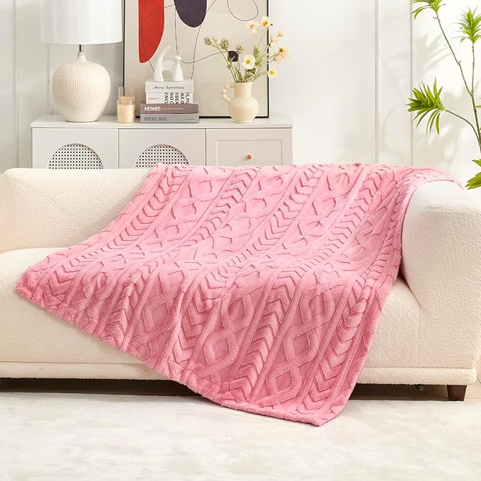 Cozy Bliss Faux Fur Throw Blanket for Couch, Jacquard Fuzzy Plush Soft Thick Winter Throw Blanket for Sofa Bed Living Room Bedroom, 50 * 60 Inches Hot Pink