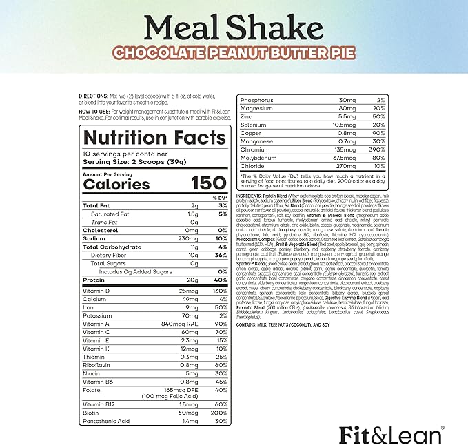 Fit & Lean Meal Shake Meal Replacement with Protein, Fiber, Probiotics and Organic Fruits & Vegetables, Chocolate Peanut Butter Pie, 1lb, 10 Servings