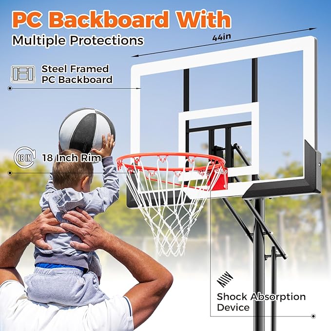 Basketball Hoop 44 Inch Backboard Protable Basketball Hoop Outdoor, 4.8-10ft Height Adjustable Basketball Goal System for Kids Youth Adults Play in Backyard/Courts/Indoor