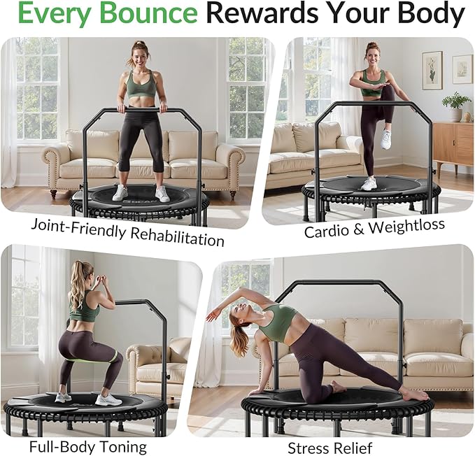 BCAN 40"/48" Rebounder Trampoline for Adult, 450/550LBS Fitness Trampoline with Bungees, Adjustable Handle, Stable & Quiet, Indoor Outdoor, Whole-Body Workout & Relaxation at Home for Women/Men