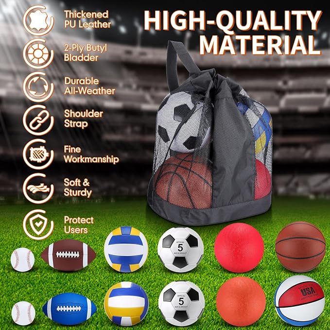 Deekin 12 Pcs Assorted Sport Ball Set Official Size Basketball, Football, Volleyball, Soccer, Baseball, Playground Ball with Bag and Pump Gift for Kid Youth Adult Back to School