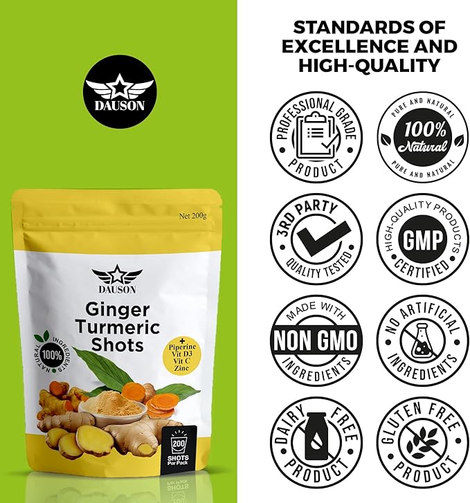 Ginger Turmeric Supplements with Piperine, Orange, Vitamin C, Vitamin D3 & Zinc | Ginger Turmeric Shots for Joint, Heart, Brain, Gut & Skin Health | 200 Servings | Ayurvedic | Powder