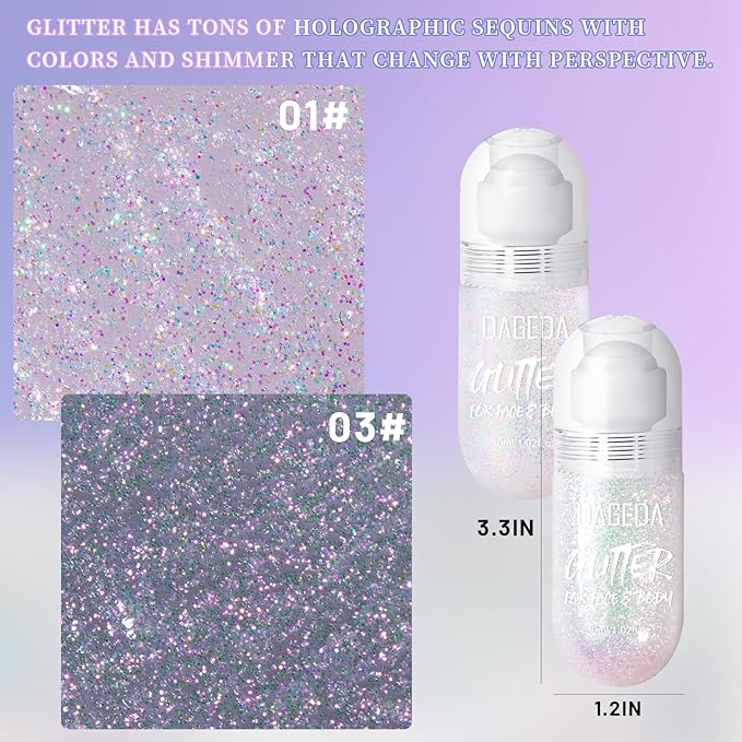 DAGEDA 2Colors Roll-on Body Glitter Gel for Body, Hair, Face, Holographic Glitter Makeup for Rave Accessories, Body Shimmer Hair Glitter Gel for Halloween Makeup(Dazzle + Sprakling Pink)