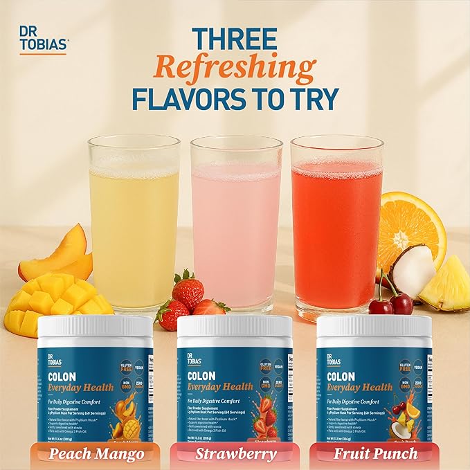 Dr. Tobias Colon Everyday Health - Gut Health for Women & Men - Psyllium Fiber Powder Drink with 4g Psyllium Husk Powder per Serving, Vegan, Gluten Free, Non-GMO, Fruit Punch, 60 Servings