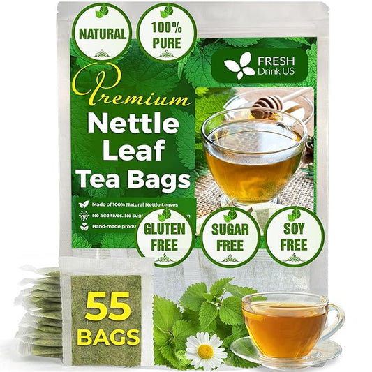 FreshDrinkUS, 55 Nettle Leaf Tea Bags, 100% Natural & Pure from Nettle Leaves. Loose Leaf Nettle Herbal Tea. Nettle Leaf Tea. No Sugar, No Caffeine, No Gluten, Vegan.
