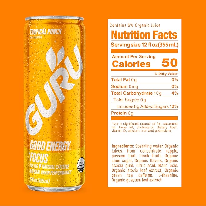 GURU Tropical Punch Organic Energy Drinks, Clean Energy Drink with Plant Based Natural Caffeine from Green Tea + Focus with L Theanine, Gluten Free, 140MG Caffeine, Healthy Drinks, 12oz (Pack of 12)