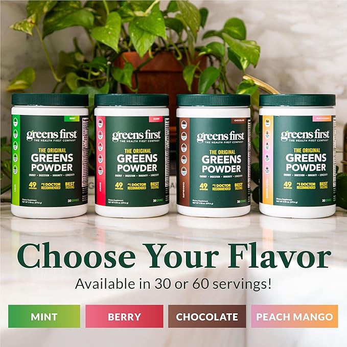 Greens First Original Greens Powder - 49 Superfoods - Organic Fruits & Veggies - Prebiotics, Probiotics & Digestive Enzymes - Antioxidant Smoothie - Dairy Free/Vegan/Non-GMO (Peach Mango, 60 Servings)