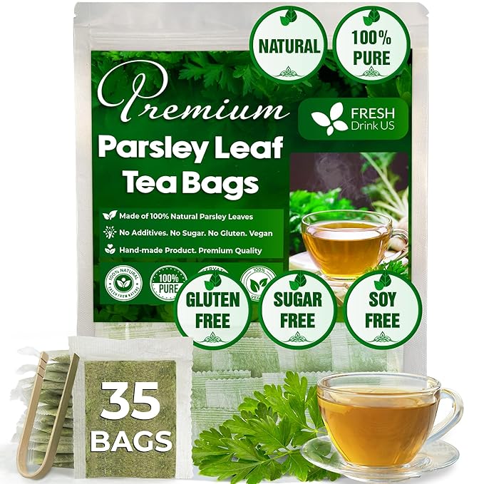 FreshDrinkUS, Premium 35 Parsley Leaf Tea Bags, 100% Natural & Pure from Parsley Leaves. Loose Leaf Parsley Herbal Tea. Made with Natural Material Tea Bags. No Sugar, No Caffeine, No Gluten, Vegan.