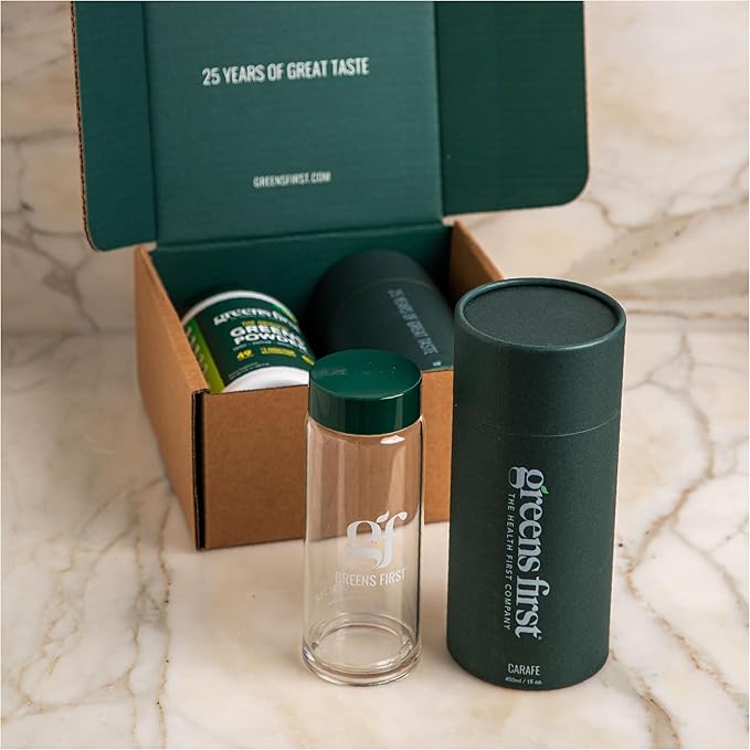 Greens First Gift Set - Limited Edition Glass Carafe & Organic Greens Powder - 49 Superfoods - Prebiotics, Probiotics & Digestive Enzymes - Dairy Free, Vegan & Non-GMO (Mint, 30 Servings)