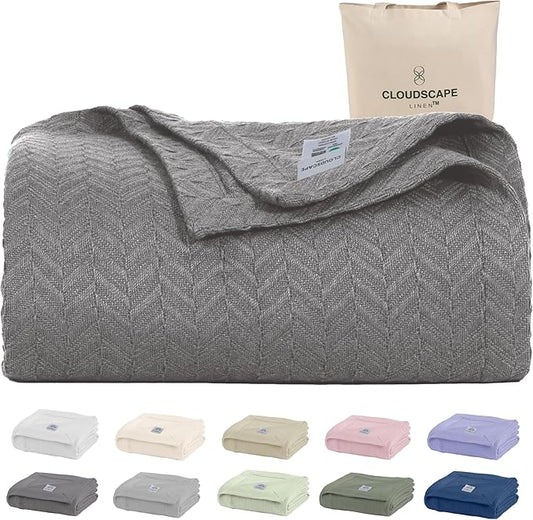 Cloud Scape Linen 100% Cotton Queen Size Blanket, Herringbone Pattern, Lightweight Summer Blanket,Best Gifts for Women, fits Full Size Bed, 92 x 92, Dark Grey