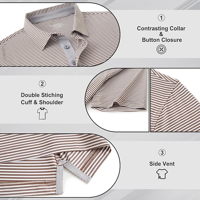 Golf Shirts for Men - Moisture Wicking Short Sleeve Performance Sport Casual Striped Collared Mens Polo Shirt