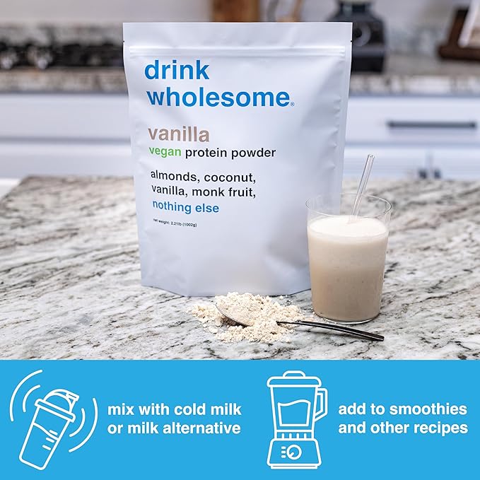 drink wholesome Vegan Vanilla Almond Protein Powder | for Sensitive Stomachs | Additive & Dairy Free | No Artificial Sweeteners | No Bloating, Farts or Gas | No Constipation or Diarrhea