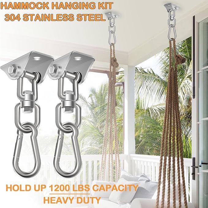 Hammock Hanging Kit, Porch Swing Hanging Kit 1200 Lb Capacity, Hammock Ceiling Hooks Heavy Duty 360°Rotating Hanging Swing Chair Hardware for Hammock Chair Stand, Porch, Yoga, Gym, Silver
