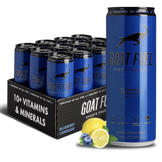 G.O.A.T. Fuel Energy Drink, Co-Founded by Jerry Rice, Natural Caffeine, Electrolytes, BCAAs, Cordyceps Mushrooms & Antioxidants, Light Carbonation Pre Workout, 12 Pack, 12 FL Oz, Blueberry Lemonade