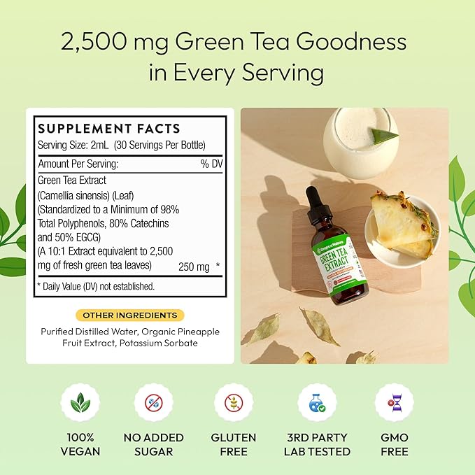 Green Tea 10:1 Extract 50% EGCG - Green Tea Liquid Drops - Vegan, 4X More Powerful Than Pills & Capsules - 2oz Antioxidant & Immune Supplement - Skin, Heart Support, Brain Health & Memory Boost