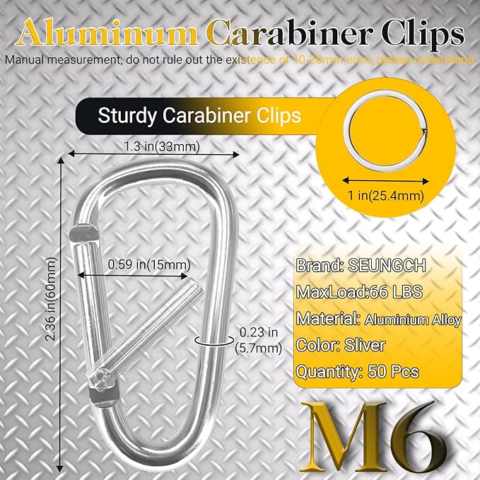 Heavy Duty Aluminum D Carabiner Clips & Key Rings, Black & Sliver Corrosion Resistant Keychain for Keys, Outdoor Sports, Hiking, Camping, Fishing & Hanging Gear