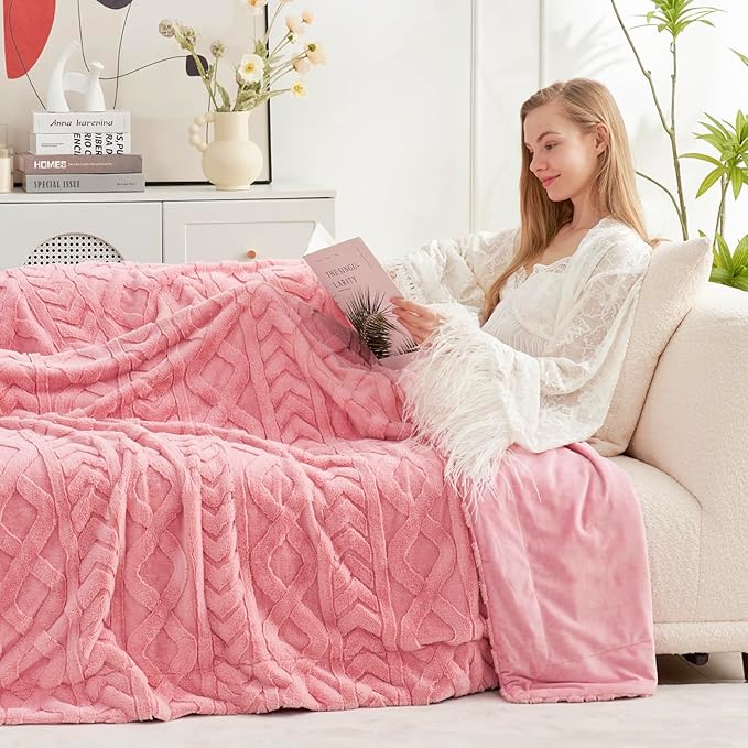 Cozy Bliss Faux Fur Throw Blanket for Couch, Jacquard Fuzzy Plush Soft Thick Winter Throw Blanket for Sofa Bed Living Room Bedroom, 50 * 60 Inches Hot Pink