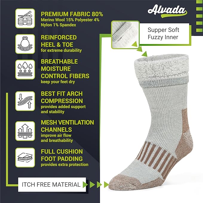 Alvada Merino Wool Hiking Socks Thermal Warm Crew Winter Boot Sock For Men & Women 3 Pairs
