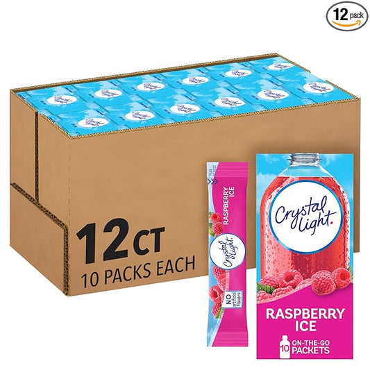 Crystal Light Raspberry Ice Artificially Flavored Powdered Drink Mix, 120 ct Pack, 12 Boxes of 10 On-the-Go-Packets