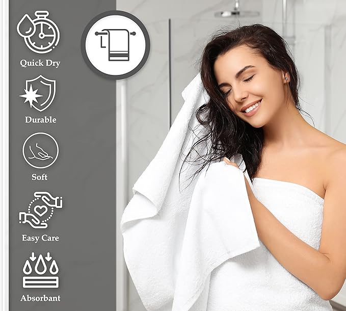 GOLD TEXTILES 48 White Economy Bath Towels Bulk (24x48 Inch) Cotton Blend for Softness-Commercial Grade Easy Care