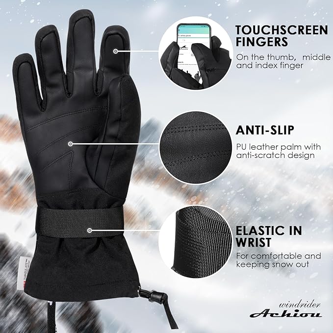 Achiou Ski Gloves,Winter Cold Weather Gloves for Men Women,Waterproof Touchscreen Snow Mittens