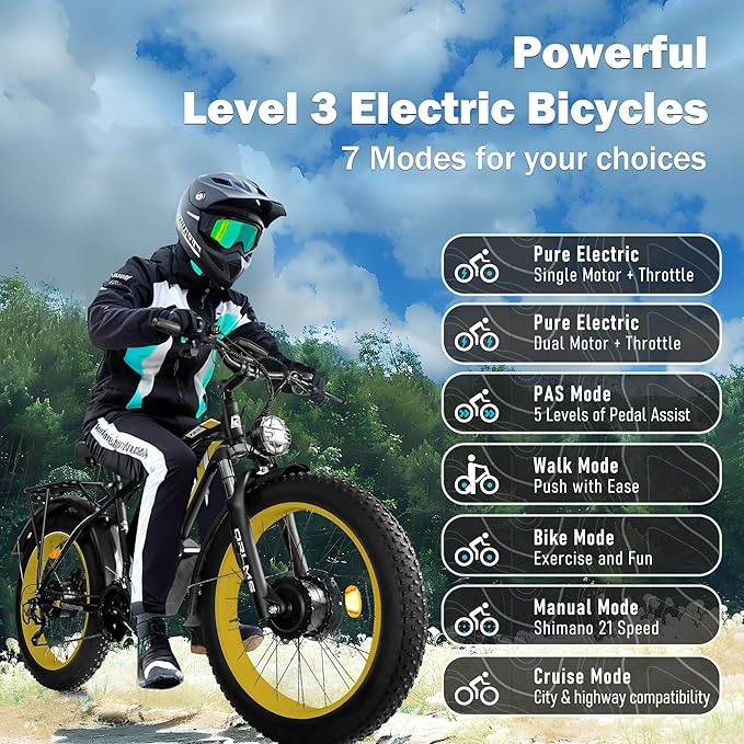 Electric Dirt Bike, 5000W Peak Dual Motor EBike for Adults, 60V 25AH Battery Electric Bike with 40-50MPH Mountain AWD 21-Speed Snow, 26" x 4.0 Fat Tire, Long Range Off-Road