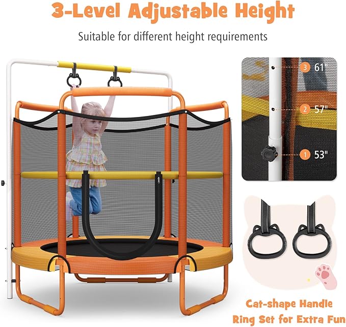 GYMAX 5FT Trampoline for Kids, ASTM Approved with Safety Net & Kitten Trapeze Rings, Indoor/Outdoor