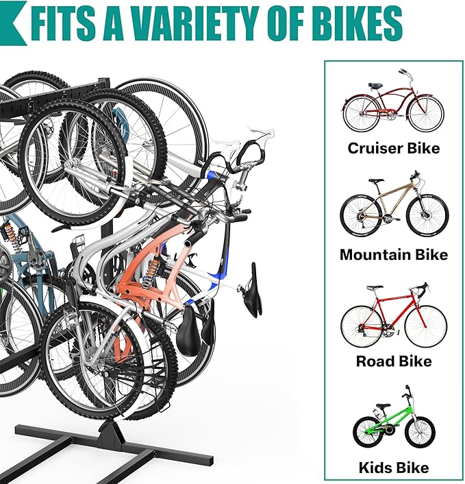 EVERHANGER Freestanding Bike Stand Rack with Adjustable Hooks, Vertical Bike Stand for Garage, Bicycle Storage Organizer, Holds Up to 7 Bikes & 7 Helmets