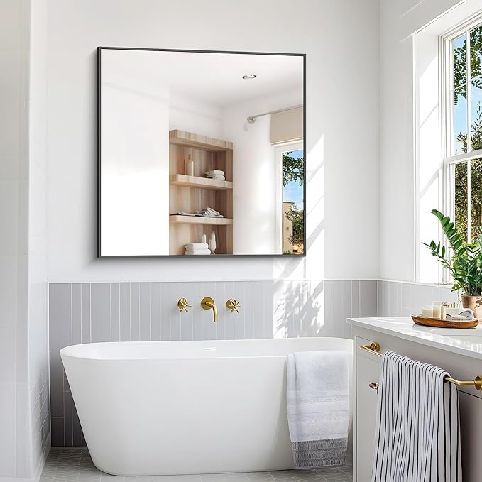 Bathroom Mirror,48x48 inch Large Wall Mirror for Bathroom Wall Mounted,Black Rectangle Wall Mirrors,Square Mirror for Living Room,Farmhouse, Bedroom Entryway, Horizontal/Vertical
