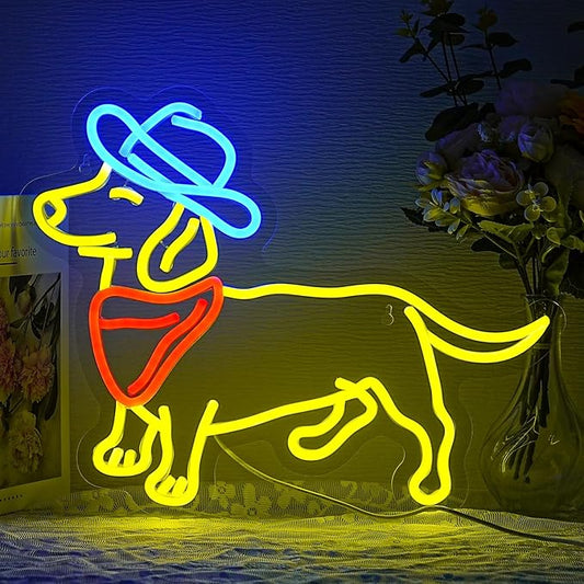 Dachshund Neon Sign for Wall Decor Cowboy Hat Neon Light Dog LED Neon Sign Colorful Neon Lights for Bedroom Zoo Pet Shop Decoration