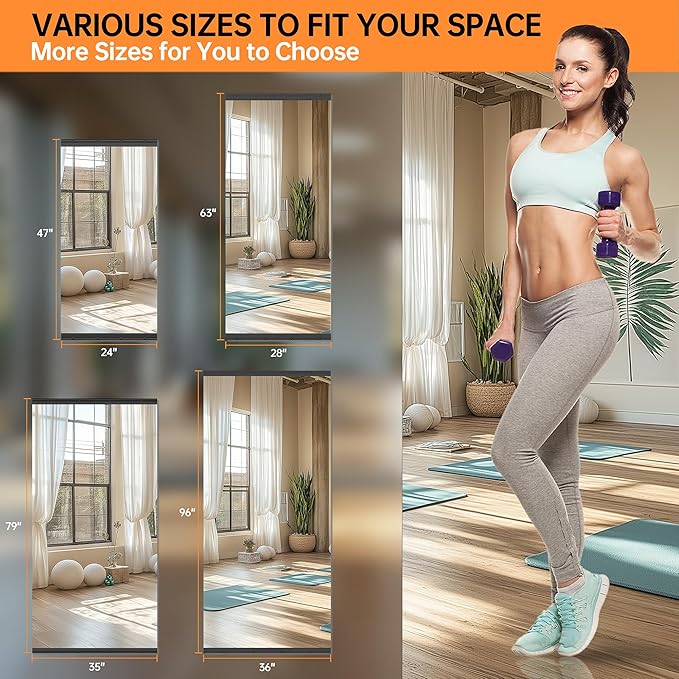 Hasipu 4 Pcs 48''x24'' Home Gym Mirror Large Full Length Wall Mounted Full Body Mirror for Yoga Dance Fitness Exercise Studio Bedroom Garage, Frameless Tempered Glass Workout Mirrors Black Rectangular