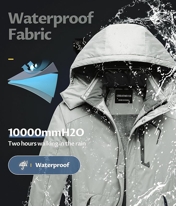 CREATMO US Men's Mountain Waterproof Ski Jacket - Windproof Snowboarding Warm Winter Coat Raincoat