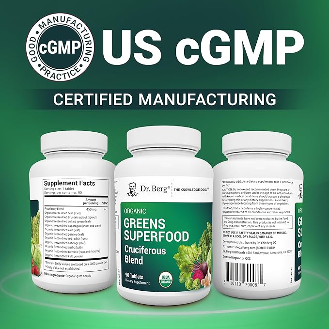 Dr. Berg's Greens Superfood Cruciferous Vegetable Tablets - Vegetable Supplements for Adults w/ 11 Phytonutrient Super Greens - Energy, Immune System & Liver Veggie Tablets - 90 Tablet