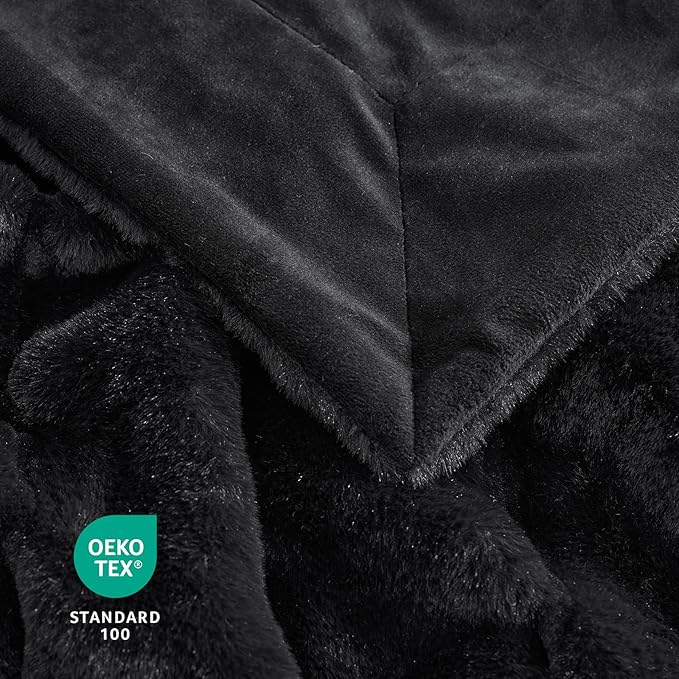 Cozy Bliss Faux Fur Throw Blanket for Couch, Cozy Warm Plush Striped Blanket for Sofa Bedroom Living Room, 90 * 90 Inches Black