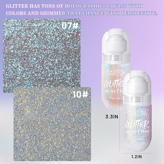 DAGEDA 2Colors Roll-on Body Glitter Gel for Body, Hair, Face, Holographic Glitter Makeup for Rave Accessories, Body Shimmer for Halloween Makeup(Fantasy + Ocean Glow)