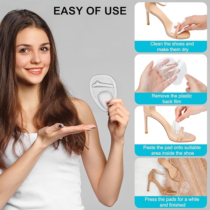 Ball of Foot Cushions, Metatarsal Pads Women, High Heels Non-Slip Comfort Pads, Shoe Support for Metatarsalgia Mortons Neuroma Pain Relief (2 Pairs, Crystal)