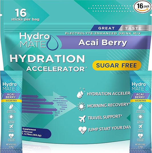 Electrolyte Powder Sugar-Free Hydration Packets Acai Berry HydroMATE 16 Sticks