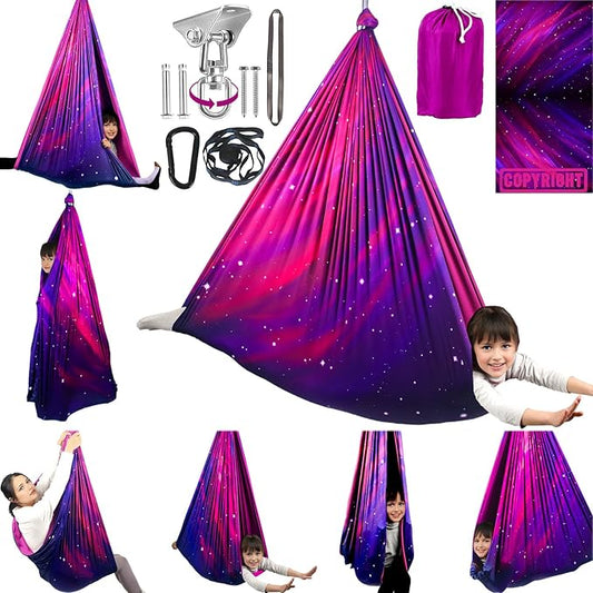 Double Layer Sensory Swing for Kids & Adults Holds up to 300lbs Indoor and Outdoor Therapy Cuddle Swing with 360° Swivel Hanger Kit Adjustable with Aspergers Autism ADHD (Galaxy Purple)
