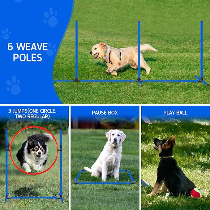 Dog Agility Training Equipment Set, Obstacle Courses Agility Training Kit for Puppy Includes 2 High Hurdles, Standard Tunnel, Blind Tunnel, Jumping Ring, 6 Weave Poles, Pause Box and 2 Carrying Bags