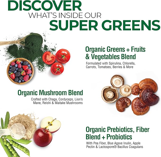 Country Farms Super Greens Natural Flavor, 50 Organic Super Foods, USDA Organic Drink Mix, Fruits, Vegetables, Super Greens, with Fiber, Mushrooms & Probiotics, Supports Energy, 60 Servings, 900g
