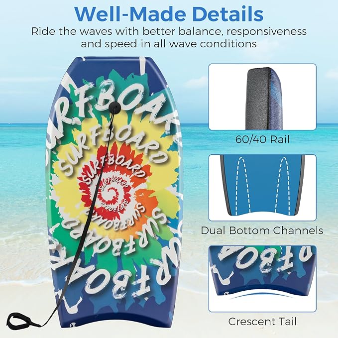 Goplus 41''/37''/33'' Lightweight Body Board for Beach, Surf Board with EPS Core, XPE Deck, HDPE Slick Bottom, Wrist Leash, Bodyboard for Kids Adults Surfing