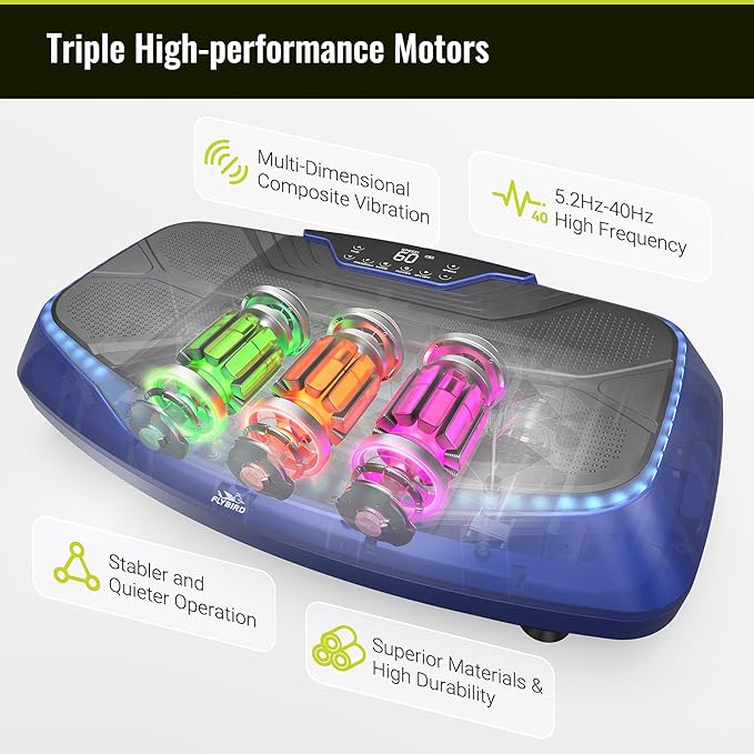 FLYBIRD 4D Vibration Plate 500 LBS Capacity, Oscillation, Linear, Pulsation Vibration Plate Exercise Machine, Triple Motors Vibration Plate for Bone Density Building & Lymphatic Drainage